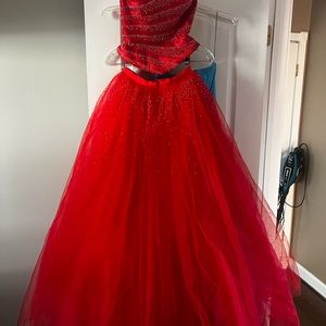 Red Two-Piece Prom Dress (Corset Top with Ballgown Style Bottom) Strapless